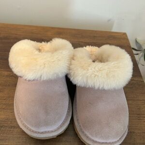 UGG Light Purple Suede Slippers with Cream Fur